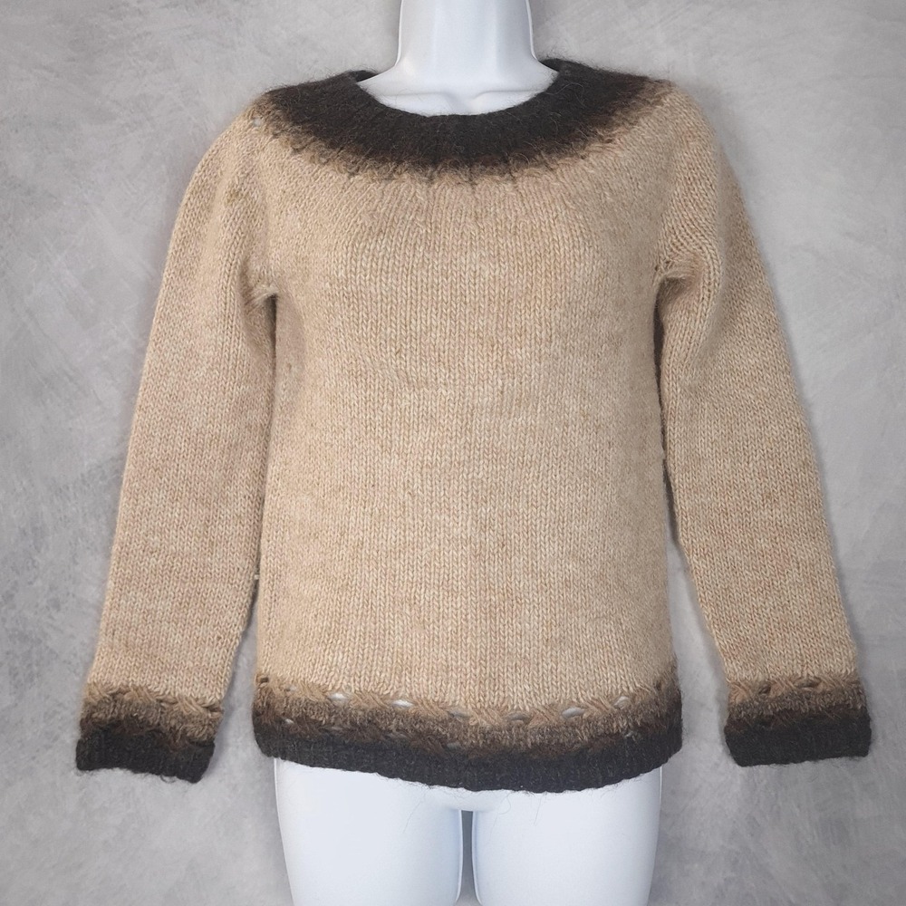 Iceland Wool Sweater Womens XS Beige Brown Handknit Fisherman Cottagecore